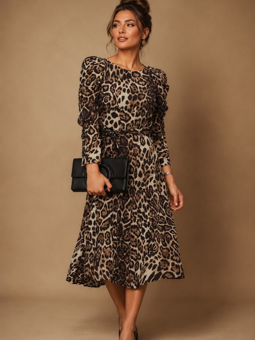 Eliza J Leopard Animal Print Long Sleeve Midi Dress NWT Size 4